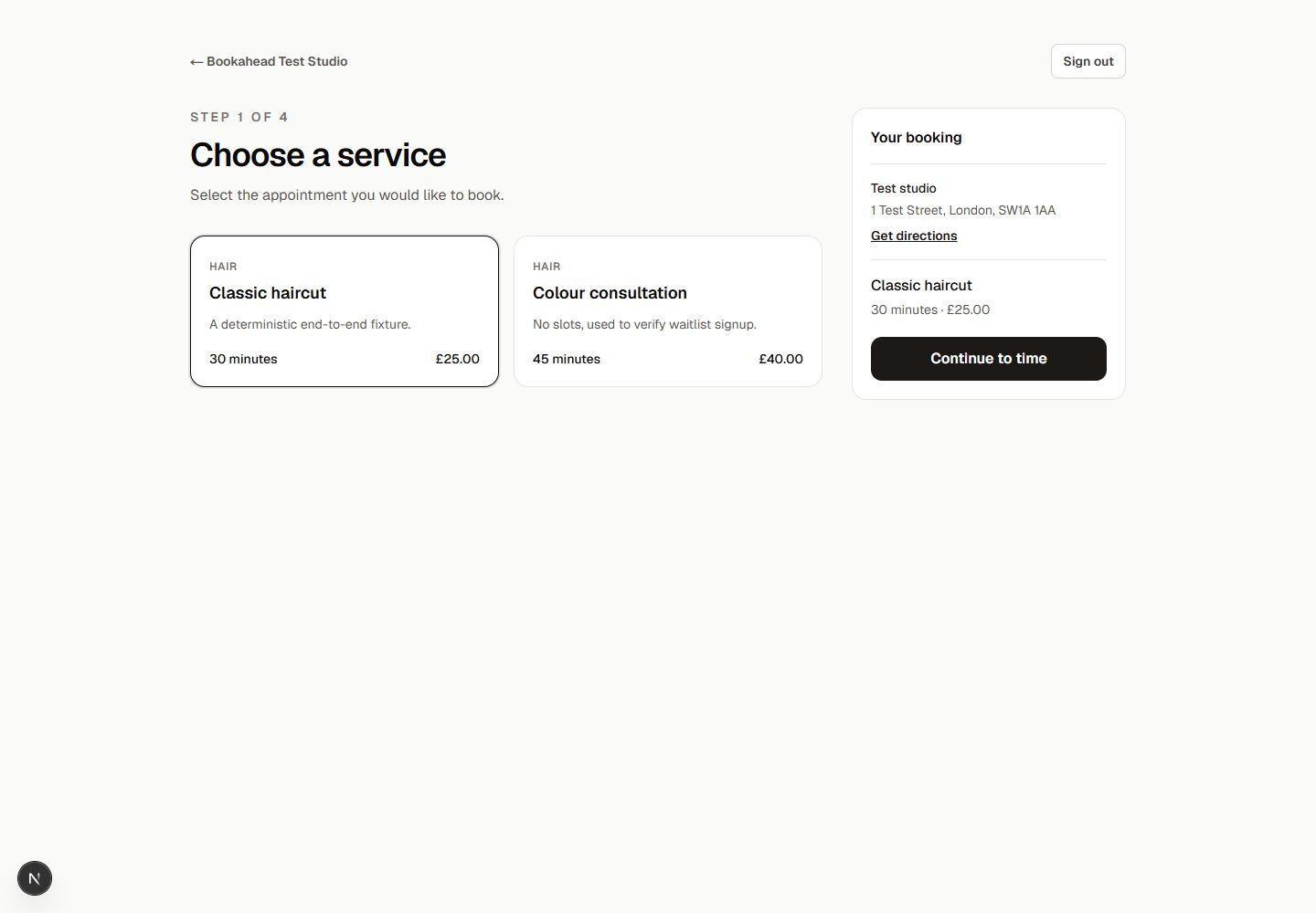 Bookahead client booking flow showing service selection and booking details