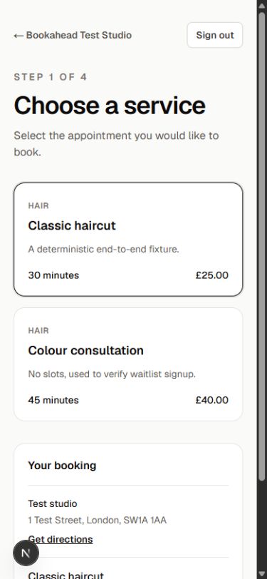 Bookahead client booking flow showing service selection and booking details on mobile
