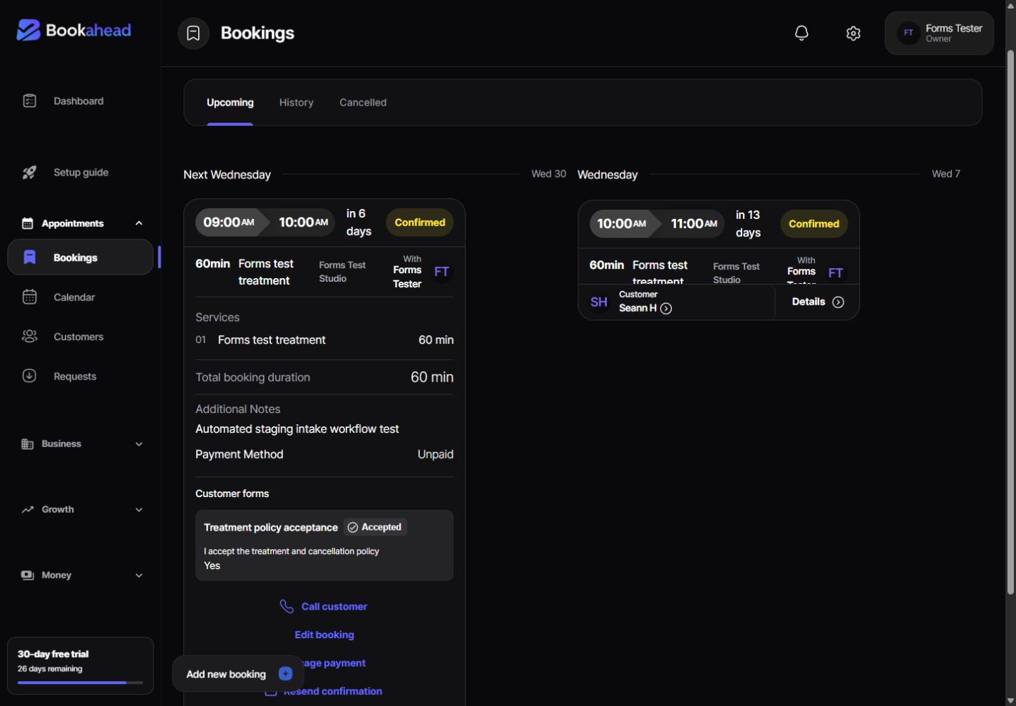 Real Bookahead booking details showing services, customer forms, payment status and client actions