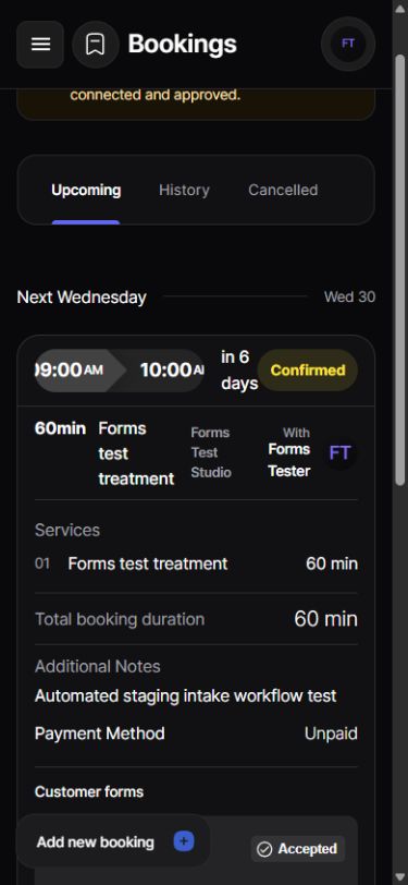 Real Bookahead booking details showing services, customer forms, payment status and client actions on mobile
