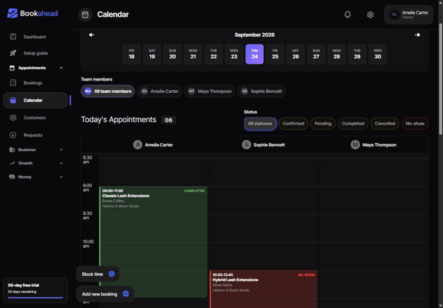 The Bookahead calendar and scheduling workspace
