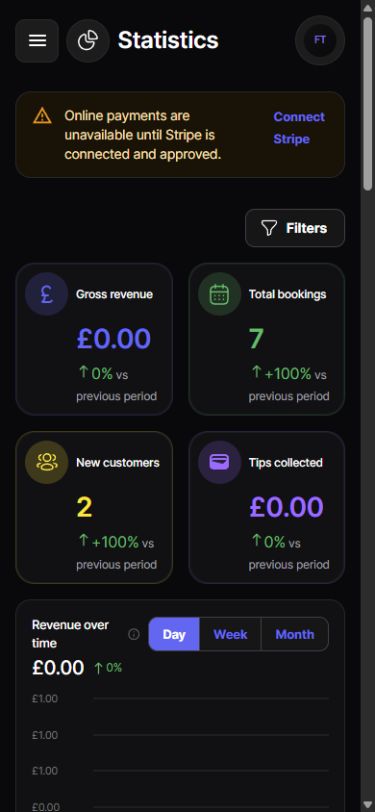 Real Bookahead statistics showing bookings, customers, revenue, tips and performance charts on mobile